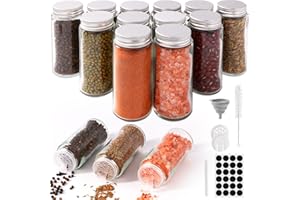 FoiiLiio Barattoli Spezie, 12 x 120ml - Barattoli Portaspezie Vetro con Tappo a Vite, Contenitori Spezie per Cucina, Trasparente Vasetti Spezie - Inclusi Etichette Spezie,Spazzole, Imbuto in Silicone