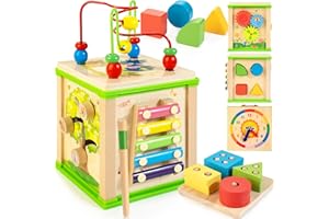 WOODMAM 7-in-1 Wooden Activity Cube Montessori Toys for 1 2 3 Year Old Toddlers Baby Educational Developmental Toys One Year Old Boys Girls First Birthday Gifts Bonus Sorting & Stacking Board