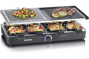 SEVERIN Raclette con piedra natural y placa de parrilla, grill con parrilla antiadherente y 8 sartenes, parrilla eléctrica para 8 personas, máx. 1400 W, negro, RG 2371