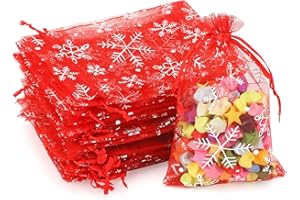 jijAcraft Organzasäckchen Weihnachten Rot, Weihnachten Organza Beutel 10 x 15 CM, 50 Stück Schneeflocke Organza Beutelchen mit Kordelzug, Bonbons Geschenk Schmuckbeutel