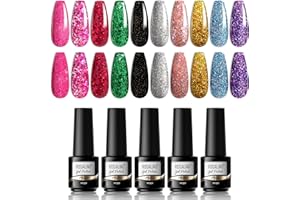 ROSALIND Esmalte de Gel Semipermanente Glitter Gel Uñas, 10 Colores Pintauñas Semipermanentes Rojo Brillo Negro Verde Azul Plata Oro Rosa Set Manicura Semipermanentes UV LED Gel Nail Polish