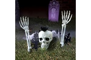 OPAHUTER Halloween Scheletro Realistico, 3 Pezzi Teschio con Corvo e Braccia Scheletriche, Pali a Forma di Scheletro in Plastica, Realistici Teschio e Scheletro per Decorazioni di Halloween