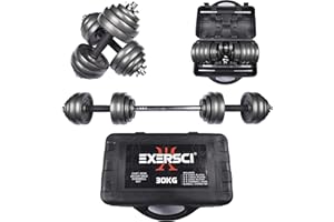 Exersci Cast Iron Adjustable Dumbbell/Barbell Box Set 20kg/30kg - Bicep Curl, Tricep Extension, Bench Press, Upright Row- Fitness Workout Home Gym