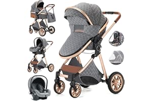 Gcarebb Kinderwagen 3 in 1, Kinderwagen Buggy Mit Auto Babyschale, Mit Einem Klick Zusammenklappbarer Tragbarer Kinderwagen Komplettset, KombiKinderwagen Mit Aluminiumrahmen für Neugeborene