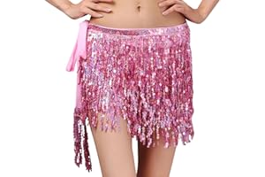 Falafoty Sequin Tassel Skirt Belly Dance Sequin Tassel Hip Performance Skirt, Fringe Sparkly Belt Party Costume Dance Mini Wrap Skirts Tassel Hip Scarf for Women and Girls, Pink