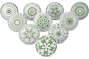 Ajuny Set of 10 Ceramic Knobs Green White Printed Cupboard Door Drawer and Furniture Pulls for Kitchen Cabinets Bathroom Dresser Drawers Handmade Pottery Decorative Knobs