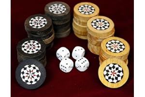 ELESSAR Original Handgefertigte Holz Backgammon DAMA Mosaik Steine 30 Stück aus Holz in Handgefertigt Samtbeute mit 4 Würfelsteine (Ø33 mm)