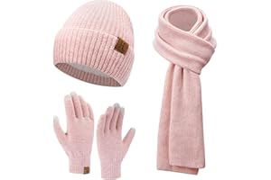ZASFOU Femme Hiver Bonnet Chapeau Écharpe Longue Gants Tactiles Écran Ensemble Chaud Tricot Polaire Doublé Casquette Foulard Gant Cadeaux de Noël Anniversaire pour Femmes