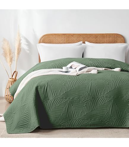 Serene - Khaki Green Leaf Embossed Bedspread (230cm x 200cm