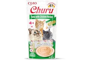 INABA Churu - Friandises pour Chats en Purée au Thon et Poulet - Délicieux Snacks pour Félins - Texture Lisse et Onctueuse - Nourriture pour Chats - 4 Tubes x 14g