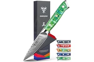 SANMUZUO Damas Couteau d'Office avec Lame 9 cm Professionnel Couteau Cuisine Couteaux à découper en VG-10 67 Couche Damas Acier avec Poignée en Résine(Vert Jade) - Xuan Série