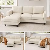 Homcom 3 Seater Corduroy Chaise Longue Sofa for Living Room, 214 cm, Beige | L-Shaped, Padded Seat and Back