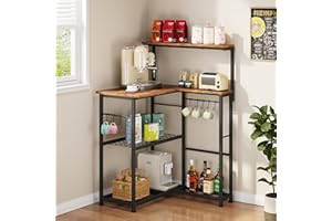 OYRREU Corner Kitchen Shelf with Microwave Stand, 4-Tier Kitchen Storage Unit Bakers Rack, Free Standing Shelving Unit, Coffee Bar Station, Metal Mesh Basket Shelves and 9 Hooks, Industrial Wood