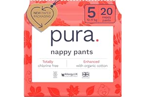 Pura Eco Pieluchy - rozmiar 5 (12-17 kg), 20 pieluszek, jednorazowe pieluchy dla skóry wrażliwej i skłonnej do alergii, hipoalergiczne, bezzapachowe, łatwe do rozdarcia, nowy przewodnik po rozmiarach