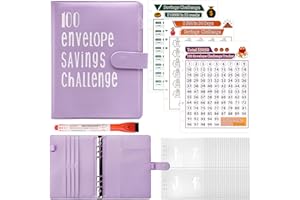 Fettwal 100 Envelope Saving Challenge, Sparbuch für Geld Challenge, A5 Geld Sparen Challengers Geldsparmappe, mit 3 Speicherkarten & Aquarellstift, Sparbuch für Haushaltsgeld Sparchallenge (Lila)
