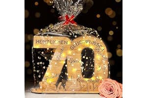 YUNLI Holz-Schild Gästebuch, 70 Geburtstag Frauen & Männer, Geburtstag Jubiläum mit LED Lichterkette und Cellophantüten, 2026 Holzschild Gästebuch Geburtstag, Geburtstagszahlen 70 Jahre Tischdeko