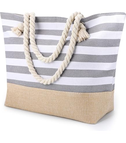 XXL Sac De Plage Toile Femme/Homme – Cabas XXL 42×38×16 Cm – Boucle Magnétique + Poignées Corde – Plage, Piscine, Voyage, Shopping