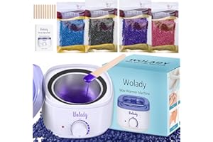 Wolady Calentador de Cera Eléctrico Kit de Depilación Suavizante Profesional 500ml 4 Paquetes Granos de Cera 10 Palillos Madera para Cara Brazos Axilas Piernas Bikini, para piel Sensible