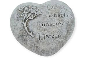 WB wohn trends Grab-Schmuck Herz zum Legen, Du lebst in unseren Herzen, Rose, Stein grau 7,5x7,5x3cm