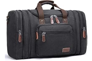 Fresion 60L Canvas Reisetaschen, Großräumige Handtasche Schultertasch Herren Weekender Sporttasche Damen Reisetasche mit 2 Seiten Taschen für Erweiterungen Schwarz