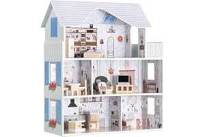 Navaris Casa delle Bambole Vittoriana Grande in Legno - Casa Bambola Arredata di Legno - Casetta con 4 Accessori - 11 Mobili - a 3 Piani con 5 Stanze - Case Giocattolo - dai 3 Anni