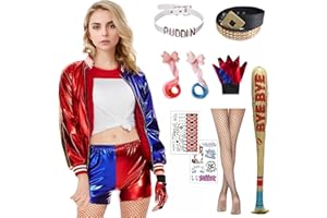Formemory Quinn Kostüm Damen,Halloween Karneval Kostüm Faschingskostüme Damen mit Handschuhe Jacke T-Shirt Shorts Netzstrümpfe für Halloween Karneval Kostüm Damen