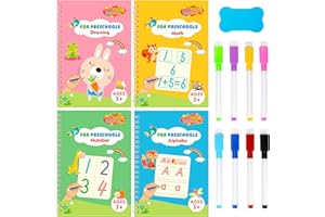 Larcenciel Handwriting Practice Books for Kids, 4 Pcs Wipe-Clean Books w/Pens and Whiteboard Eraser, Reusable Preschool Activity Children Learn to Write Book for Drawing, Math, Number, Alphabet