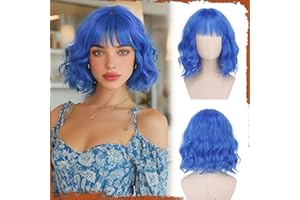 Sofeiyan Peluca Bob para Mujer, 30 cm Ola de bruja azul Peluca Corta Ondulada con Flequillo Sintética Resistente al Calor Estilo Natural para Diario y Fiesta