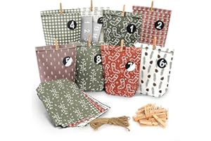 COOYUIO Adventskalender zum Befüllen Set mit 24 Weihnachts-Papiertüten, Juteseil, Aufkleber& Holzklammern - Geschenkidee für Familie, Kinder, Erwachsene - Tradition und Vorfreude selbst gestalten