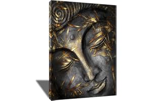 DONAHUE ART Buddha Statue Framed Canvas Prints for Yoga Living Room Decoration Golden Leaf on Religion Portrait Poster Painting Picture Ready to Hang 12x16 Inch