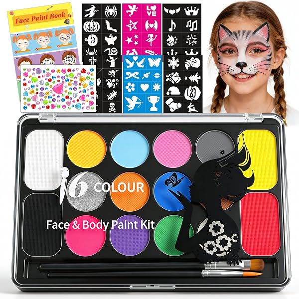Mekkyes Truccabimbi Kit - 16 Colori Trucco Viso Bambini con 4 Colori Grandi, 52 Stencil e 1 Adesivo con Strass, Truccabimbi set Anallergici Atossici Body Painting per Halloween Carnevale Cosplay - 1