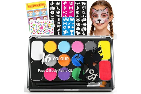 Mekkyes Palette Maquillage Enfant - 16 Couleurs Peinture Corporelle pour Le Visage avec 4 Grandes Couleurs, 52 Pochoirs et 1 Autocollant Strass, pour Halloween Carnaval Pâques Noël Soirées à Thème