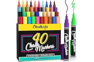 Chalkola Chalk Pens - Pack of 40 (Neon, Classic & Metallic) Chalk Pens - For Chalkboard, Blackboard, Window, Labels, Bistro, Glass - Wet Wipe Erasable - 3mm Reversible Tip