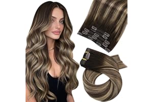Moresoo Extensiones de Clip de Pelo Natural Liso Extensiones Clip Pelo Natural Balayage Castaño Oscuro con Rubio Caramelo Remy Extensiones de Pelo Natural Clip 35cm 5pcs 70g #4/27/4