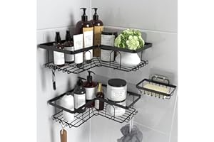 Malajess Corner Shower Caddy 3-Pack, Self Adhesive Wall Mounted Shower Shelf with Soap Holder and Hooks, Large Capacity, No Drilling, Rustproof Shower Organiser Bathroom Storage Rack
