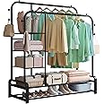 SMILOVII Heavy Duty Clothes Rail, Clothes Rails With Shelves, Sturdy Metal Clothing Rack With 8 Coat Hooks, 3-Tier Side Shelves, and 2-Tier Shoe Rack, Perfect Clothing Rack for Bedroom - Black