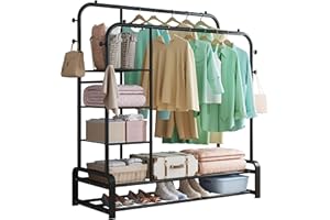 SMILOVII Heavy Duty Clothes Rail, Clothes Rails With Shelves, Sturdy Metal Clothing Rack With 8 Coat Hooks, 3-Tier Side Shelves, and 2-Tier Shoe Rack, Perfect Clothing Rack for Bedroom - Black