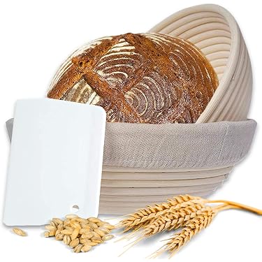 Banneton à Pain Naturel + Racleur - Ø22cm Pour Pain Maison | Tissu Lin Inclus | Acier Inoxydable