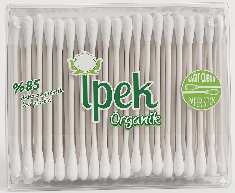 İpek Organik Kulak Temizleme Pamuğu 200 Adet -%100 Organik Saf Pamuk - ECOCERT Sertifikalı - Kağıt Çubuklu ve Plastik İçermeyen Kutu