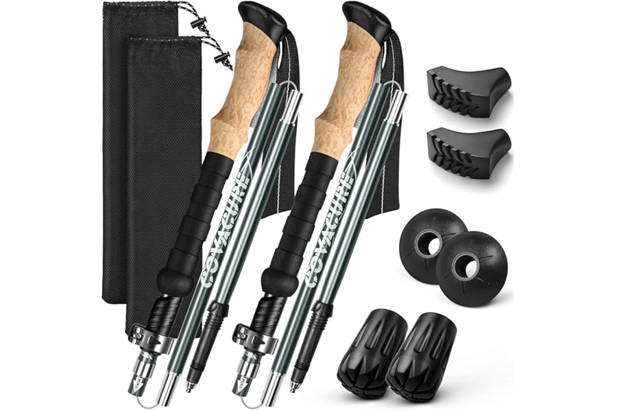 COVACURE Hiking Poles, 2pcs Collapsible Ultralight Aircraft-Grade 7075 Aluminum Walking Sticks for Men & Women with EVA Cork Handle & Metal Flip Locks(110-130cm)