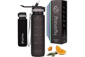 Hydracy Water Bottle with Times to Drink & Straw - Large 1 Litre BPA Free Motivational Water Bottle & No Sweat Sleeve -Leak Proof Gym Bottle with Time Marker - Ideal for Fitness, Sports & Outdoors