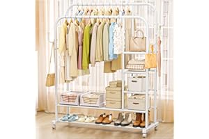 SavvyStor Upgraded Clothes Rail with Wheels,150KG Metal Heavy Duty Clothes Rack With Double Hanging Clothing Rail, Shoe Rack, 4 Coat Hooks, Open Wardrobe Clothes Rails for Bedroom Shop Dorm - White