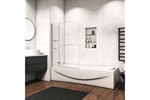 AICA SANITARIOS Mamparas de Bañera Biombo de Baño Abatible Cristal Templado 5 MM Estante Toallero, 90x140 CM