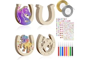 Finetoknow Hufeisen für Kindergeburtstag aus Holz mit Aquarellstiften, Paillettenaufklebern, Bändern, Gold und Silber, 37 Stück Scheiben, Hufeisen-Bastelarbeiten für DIY-Geburtstagsparty-Dekoration
