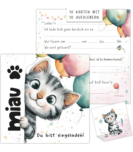 Junapack Einladungskarten 7. Geburtstag Mädchen Katze – 12 Karten A6 Mit UV-Lack