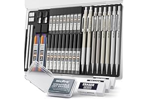 Nicpro 37PCS Art Mechanical Pencil Set, Metal Drafting Pencils 0.5 mm, 0.7 mm, 0.9 mm & 2mm Lead Pencil Holder (6B 4B 2B HB 2H 4H Colors) For Sketching Drawing With 20 Tube Lead Refills Eraser Case