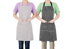 TEMPERY Delantal de cocina para hombre y mujer - Paquete de 2 - Elegante diseño a rayas con 2 bolsillos grandes - 95 % poliéster + 5 % algodón - Delantal para cocinar, hornear, limpiar y más