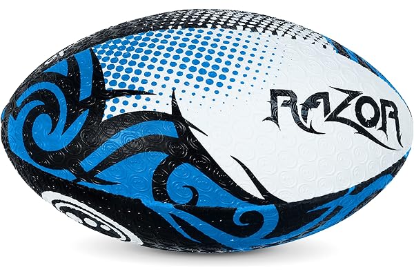 Optimum Razor Ballon de rugby – Parfait pour l'entraînement et les jeux, excellent vol et rétention d'air, surface alvéolée en caoutchouc pour une meilleure adhérence, 2 plis, 410 g, noir/bleu, taille