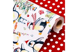 Wikadlik Christmas Wrapping Paper Roll - 43cm x 10m - White Snowman Penguin Holding Candy Cane Red Dots Holiday Present Gift Wrap Paper for Winter Festive Party Celebrations