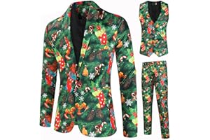 RTGSE Herren Weihnachtsanzug Hässliche Weihnachtskostüm Anzug Jacke + Ärmellose Weste + Lange Hosen Hose 3 Stück Kleidung Sets für Party
